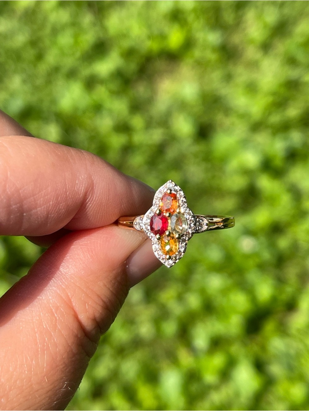 Gold Multi-Gem Halo Ring with Orange and Pink Gemstones
